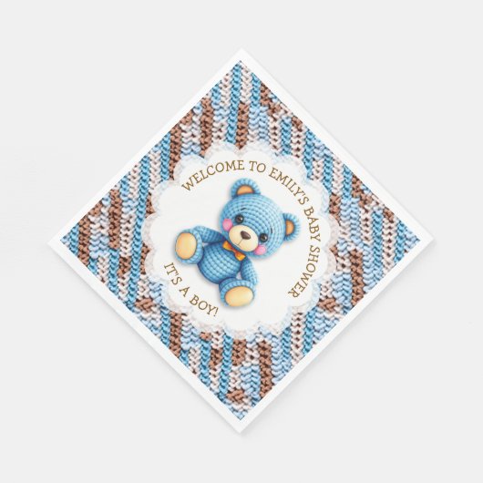 Serviette En Papier Blue and Brown Crocheted Teddy Bear It's a Boy (Coin)