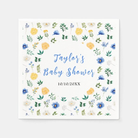 Serviette En Papier Blue and Yellow Floral Baby Shower (Devant)