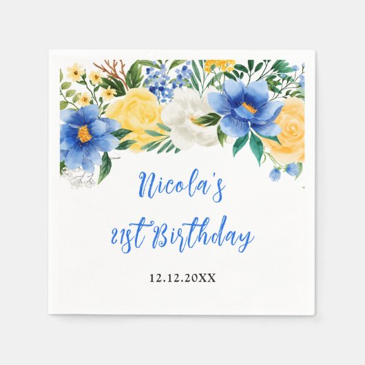 Serviette En Papier Blue and Yellow Floral Birthday (Devant)