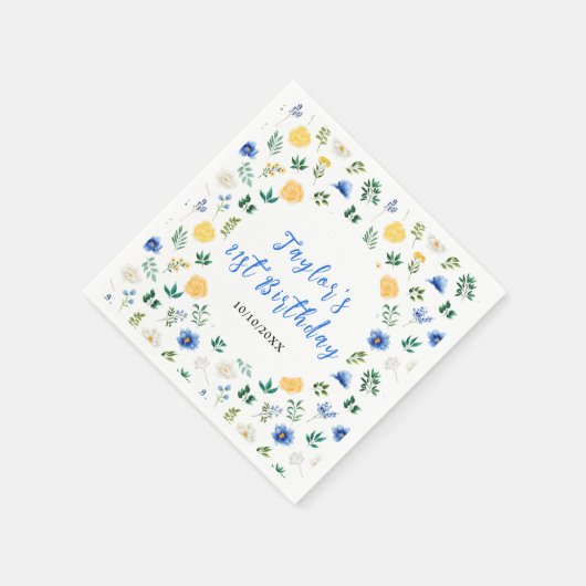 Serviette En Papier Blue and Yellow Floral Birthday (Coin)