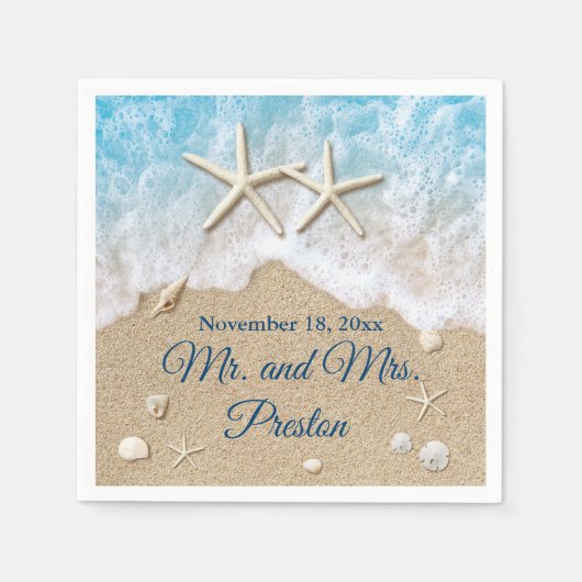 Serviette En Papier Blue Beach Waves & Starfish (Devant)