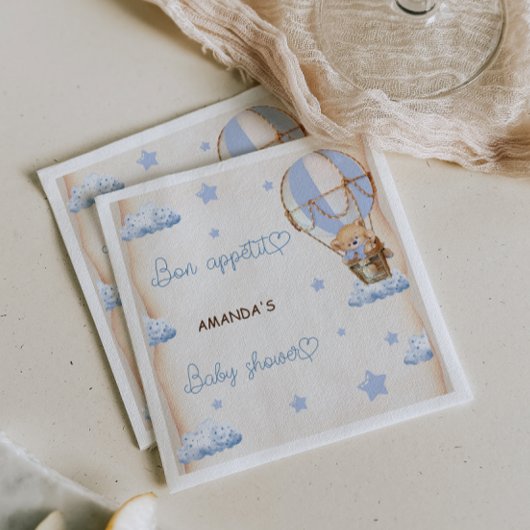 Serviette En Papier Blue Bear Hot Air Balloon baby shower rustique