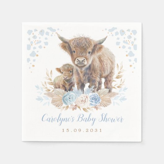 Serviette En Papier Blue Boho Highland Cow Boy Baby shower (Devant)