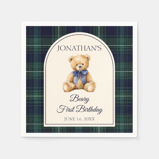 Serviette En Papier Blue Bow Preppy Teddy Bear 1st Birthday (Devant)