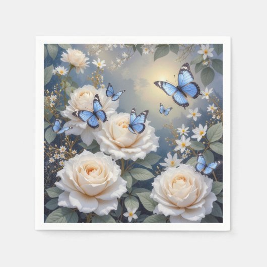 Serviette En Papier Blue Butterflies On White Roses and Daisies (Devant)