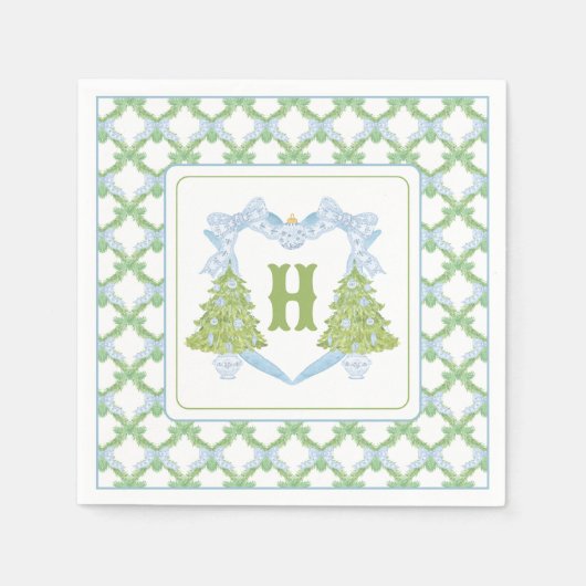 Serviette En Papier Blue Chinoiserie Arbre de Noël Monogram Crest (Devant)