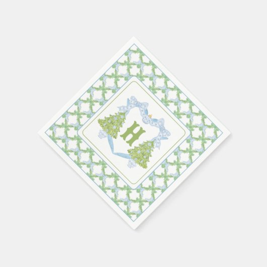 Serviette En Papier Blue Chinoiserie Arbre de Noël Monogram Crest (Coin)
