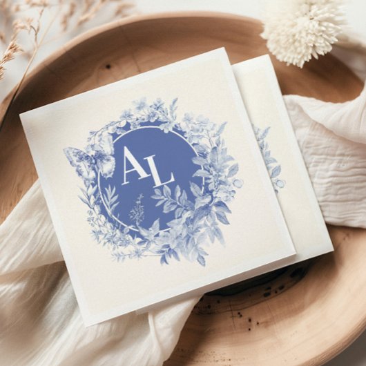 Serviette En Papier Blue Chinoiserie Floral Botanique Mariage