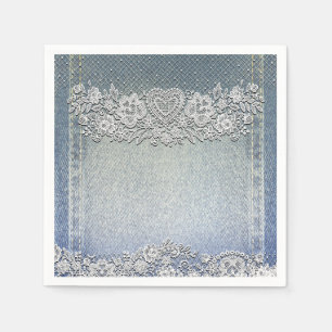 Serviette En Papier Blue Denim Jean & White Heart Lace Fête des mariée
