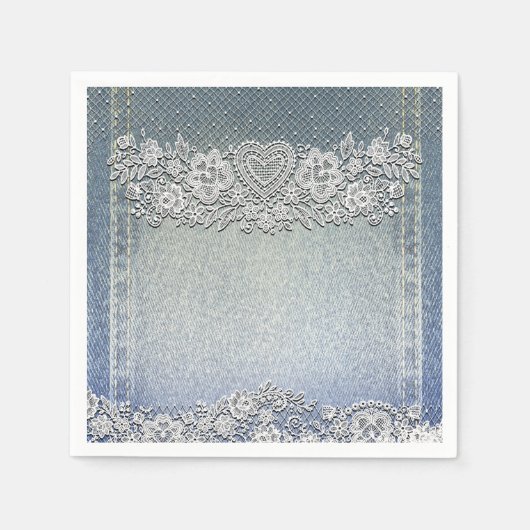 Serviette En Papier Blue Denim Jean & White Heart Lace Fête des mariée (Devant)