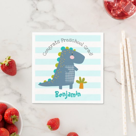 Serviette En Papier Blue Dinosaur Boy Preschool Graduation Whimsical (En situation)