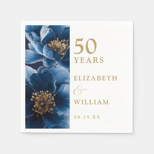 Serviette En Papier Blue Elegant Floral moderne 50e Anniversaire (Devant)