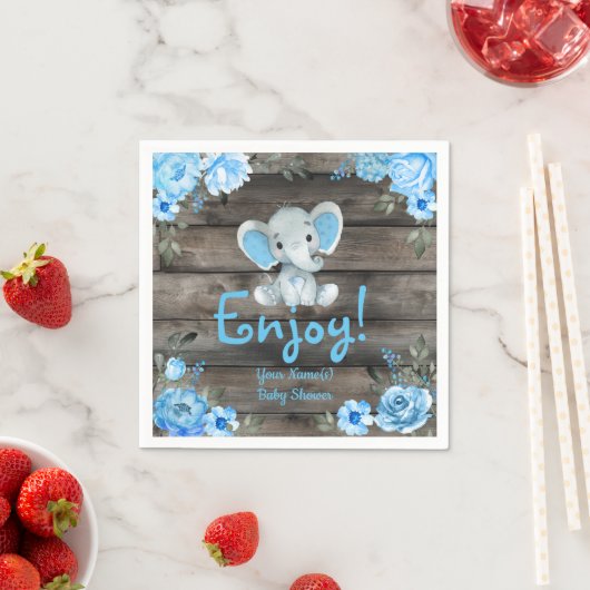 Serviette En Papier Blue Elephant Baby shower invitation, garçon rusti (En situation)