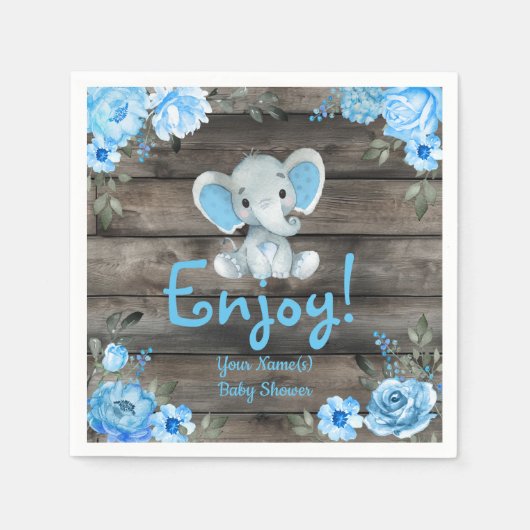 Serviette En Papier Blue Elephant Baby shower invitation, garçon rusti (Devant)