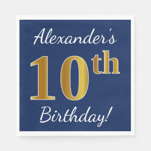 Serviette En Papier Blue, Faux Gold 10e anniversaire + Nom personnalis