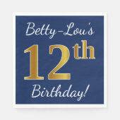 Serviette En Papier Blue, Faux Gold 12e anniversaire + Nom personnalis (Devant)