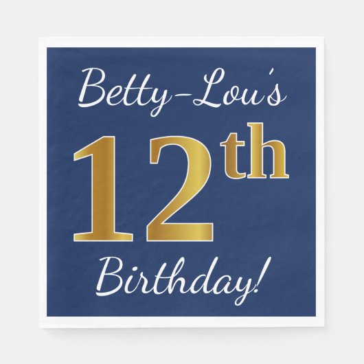 Serviette En Papier Blue, Faux Gold 12e anniversaire + Nom personnalis (Devant)