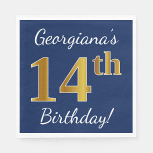 Serviette En Papier Blue, Faux Gold 14e anniversaire + Nom personnalis