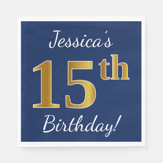 Serviette En Papier Blue, Faux Gold 15e anniversaire + Nom personnalis (Devant)