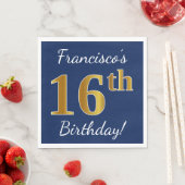 Serviette En Papier Blue, Faux Gold 16e anniversaire + Nom personnalis (En situation)