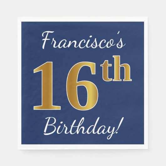Serviette En Papier Blue, Faux Gold 16e anniversaire + Nom personnalis (Devant)