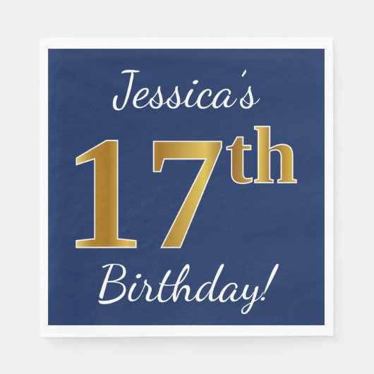 Serviette En Papier Blue, Faux Gold 17e anniversaire + Nom personnalis (Devant)