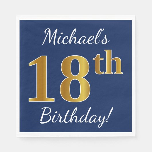 Serviette En Papier Blue, Faux Gold 18e anniversaire + Nom personnalis (Devant)