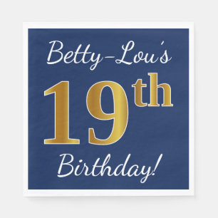 Serviette En Papier Blue, Faux Gold 19e anniversaire + Nom personnalis