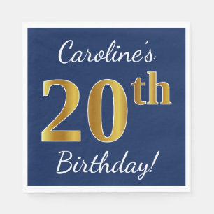 Serviette En Papier Blue, Faux Gold 20e anniversaire + Nom personnalis