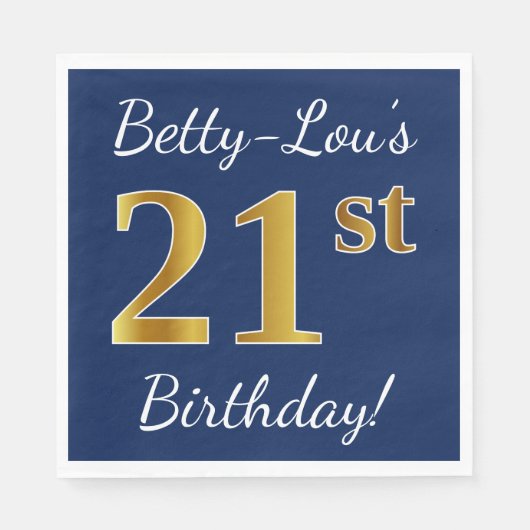 Serviette En Papier Blue, Faux Gold 21e anniversaire + Nom personnalis (Devant)