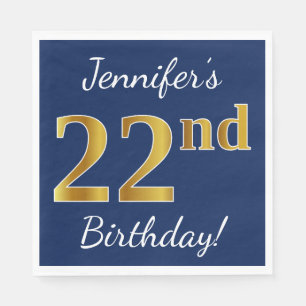 Serviette En Papier Blue, Faux Gold 22e anniversaire + Nom personnalis