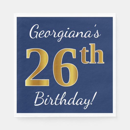 Serviette En Papier Blue, Faux Gold 26e anniversaire + Nom personnalis (Devant)