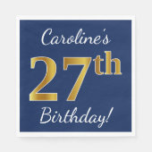 Serviette En Papier Blue, Faux Gold 27th Birthday + Nom personnalisé (Devant)