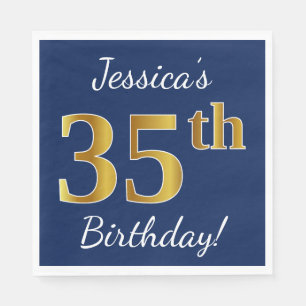 Serviette En Papier Blue, Faux Gold 35e anniversaire + Nom personnalis