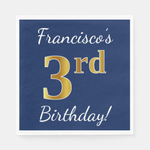 Serviette En Papier Blue, Faux Gold 3e anniversaire + Nom personnalisé