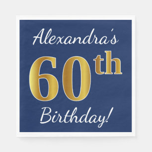 Serviette En Papier Blue, Faux Gold 60e anniversaire + Nom personnalis