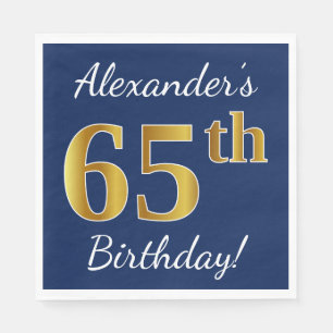 Serviette En Papier Blue, Faux Gold 65e anniversaire + Nom personnalis