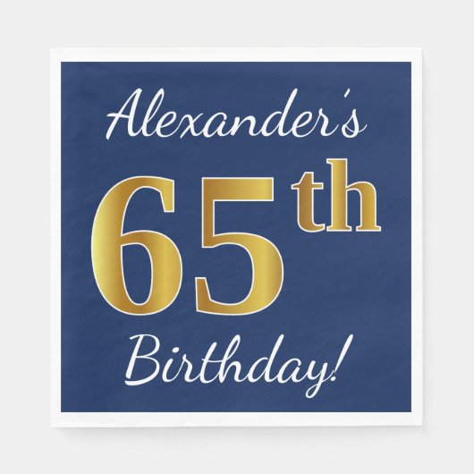 Serviette En Papier Blue, Faux Gold 65e anniversaire + Nom personnalis (Devant)