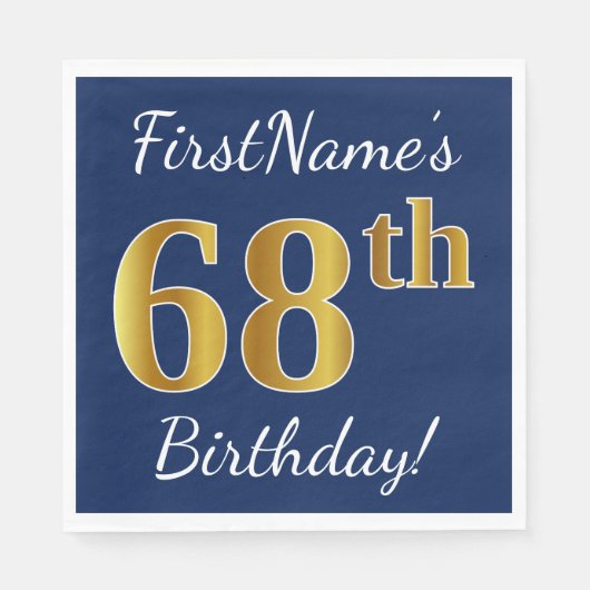 Serviette En Papier Blue, Faux Gold 68e anniversaire + Nom personnalis (Devant)