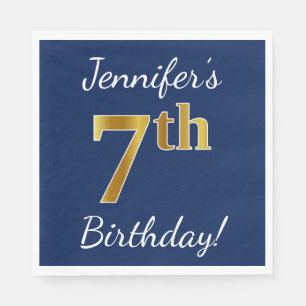 Serviette En Papier Blue, Faux Gold 7e anniversaire + Nom personnalisé