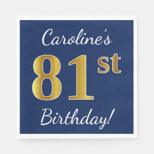 Serviette En Papier Blue, Faux Gold 81e anniversaire + Nom personnalis
