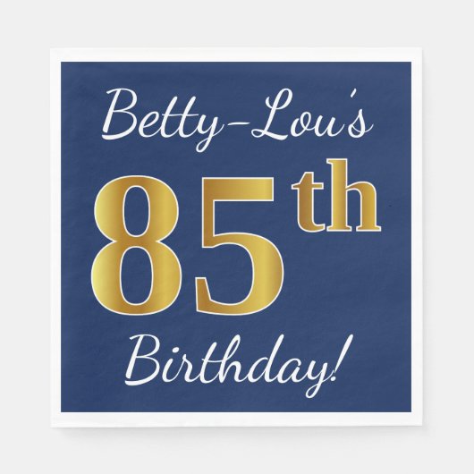 Serviette En Papier Blue, Faux Gold 85e anniversaire + Nom personnalis (Devant)