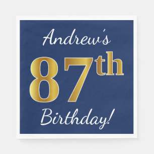 Serviette En Papier Blue, Faux Gold 87e anniversaire + Nom personnalis