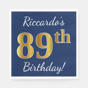 Serviette En Papier Blue, Faux Gold 89e anniversaire + Nom personnalis