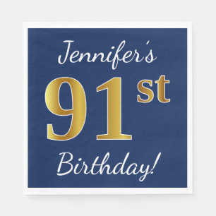 Serviette En Papier Blue, Faux Gold 91e anniversaire + Nom personnalis