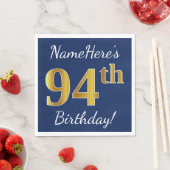 Serviette En Papier Blue, Faux Gold 94e anniversaire + Nom personnalis (En situation)