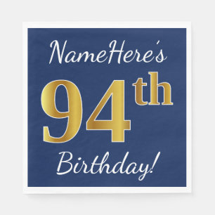 Serviette En Papier Blue, Faux Gold 94e anniversaire + Nom personnalis