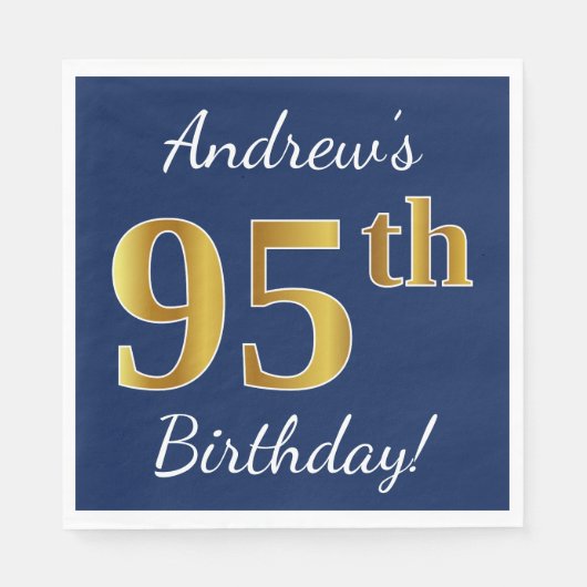 Serviette En Papier Blue, Faux Gold 95e anniversaire + Nom personnalis (Devant)