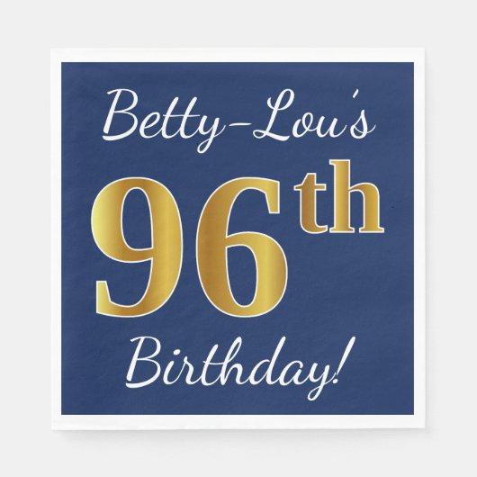 Serviette En Papier Blue, Faux Gold 96e anniversaire + Nom personnalis (Devant)
