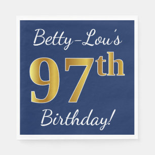 Serviette En Papier Blue, Faux Gold 97th Birthday + Custom Name